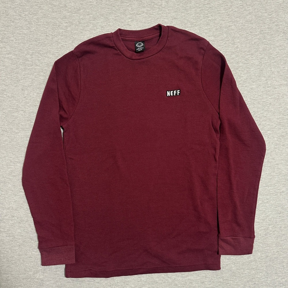 Neff Waffle Knit Thermal Shirt Burgundy Long Sleeve Logo Mens Size Medium